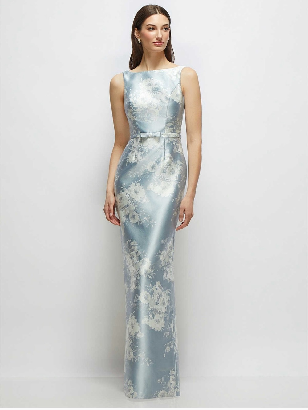 ALFRED SUNG Light Blue and Ivory Floral Satin Column Gown- NWT